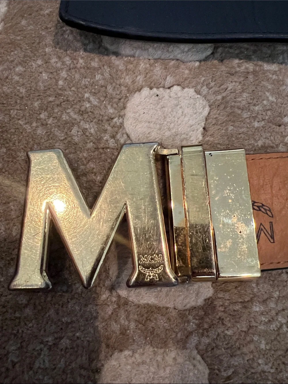 MCM Reversible Leather Belt in Black and Tan with Gold M Buckle